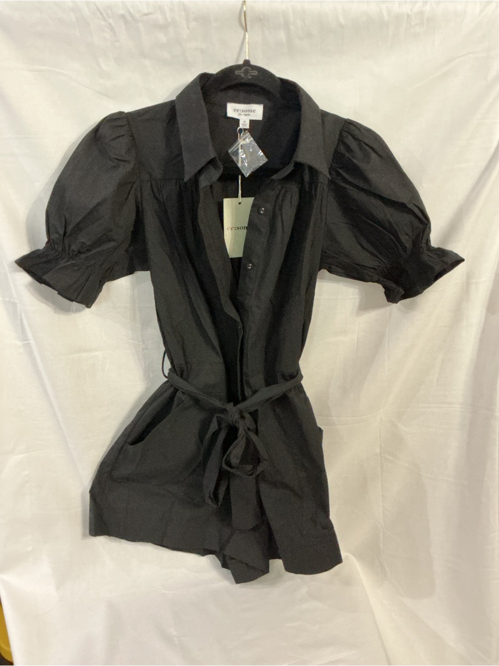 Eesome Black Puff-Sleeve Button Down Belted Romper